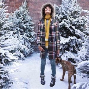 Boden Wool Duffle Plaid Coat with Faux Fur Hood